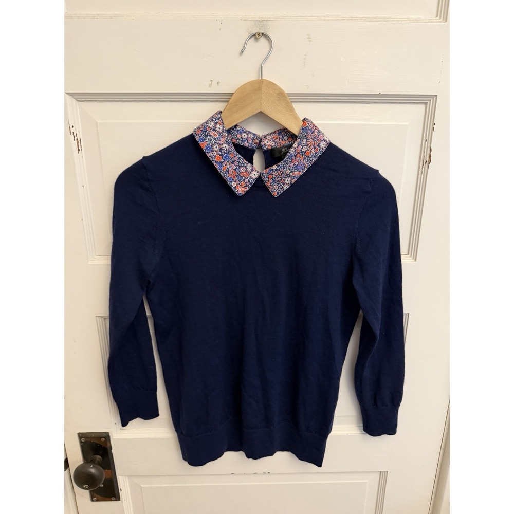 J.Crew Women's Navy Tippi Sweater Liberty‎ Floral Collar Merino Wool Small $148